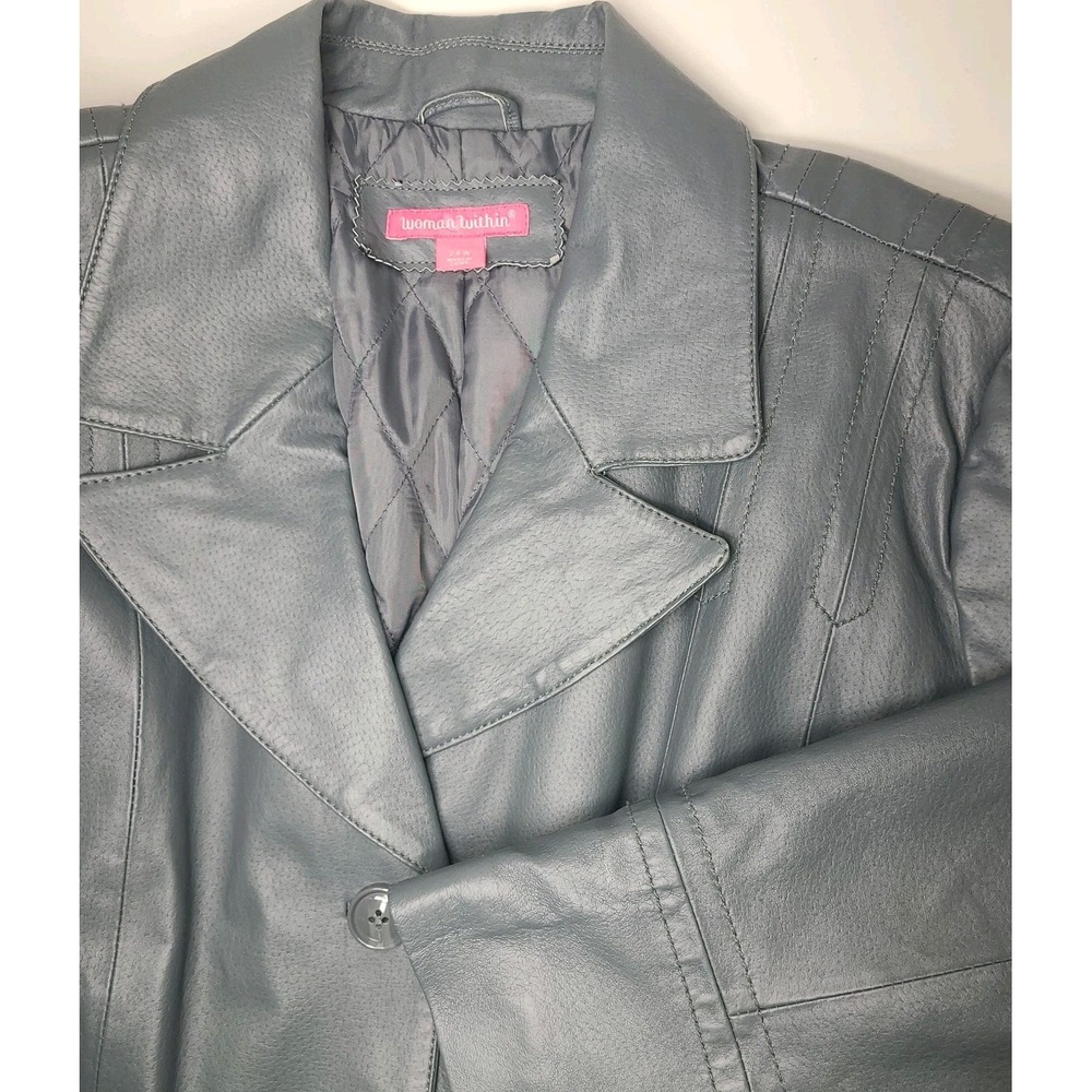 Woman Within Genuine Leather Jacket 24W Gray Button Front Pockets Lined EUC
